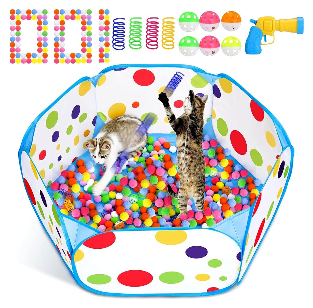 Katzen-Bällebad mit 106 Spielbällen und 4 Feder-Spielzeugen, interaktives Spielzeug für gelangweilte Indoor-Katzen, Selbstspiel, Anreicherungssp...