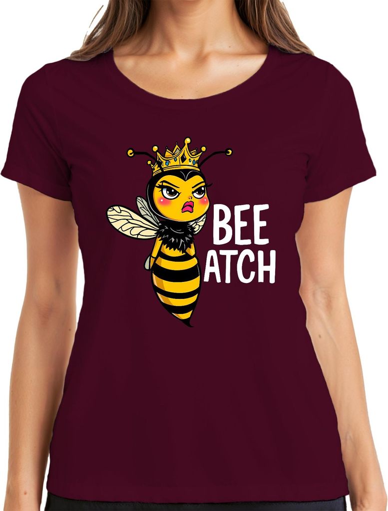BEE ATCH Bienenkönigin freche Biene mit Krone lustiger Spruch Damen T-Shirt, Burgundy, XL