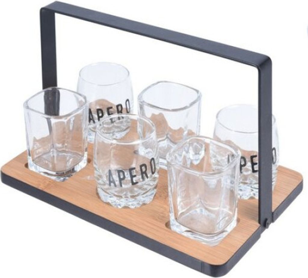 Serviertablett 7-teilig Koopman, Bambus/Glas/Metall, 22,5x15,2x14,5 cm, schwarz/braun/transparent