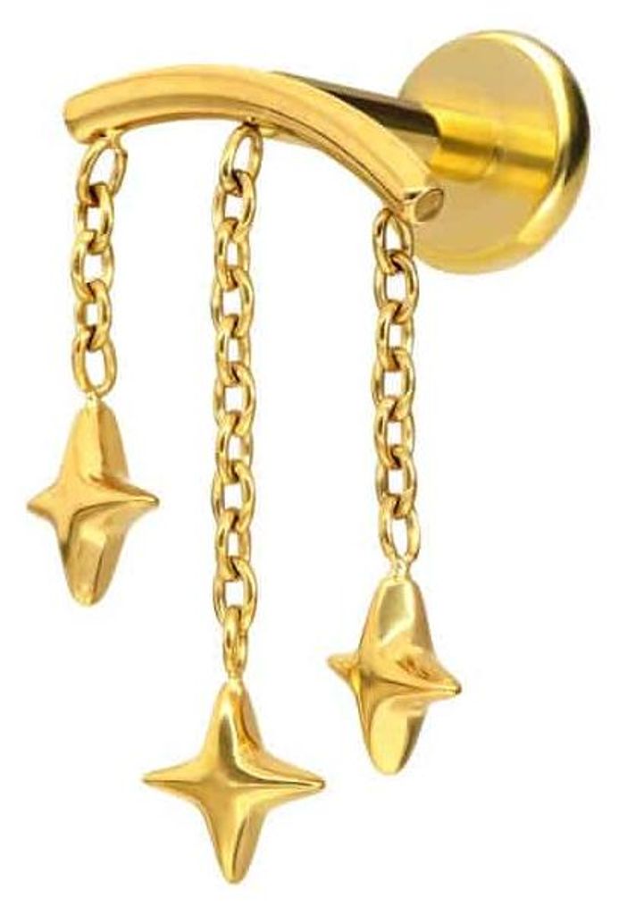 Ohrpiercing, Nasenpiercing Titan Labret mit Push Fit BOGEN + 3 STERNE Gold Stablänge: 7mm | Stabstärke: 1mm