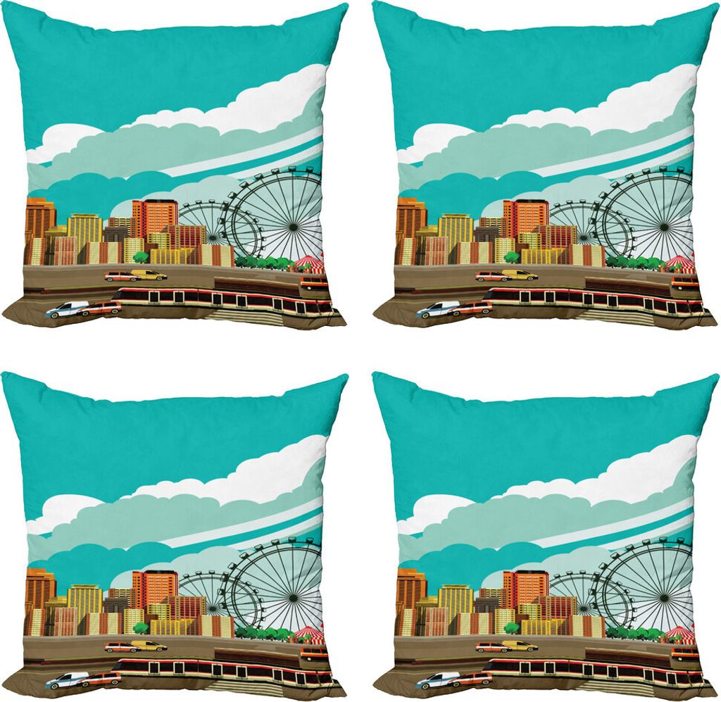 ABAKUHAUS Riesenrad Kissenbezug Set (4 Stück), Downtown Panaroma, Moderner Doppelseitiger Digitaldruck, 40 cm x 40 cm, Mehrfarbig