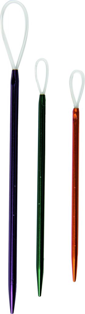 Three knitting needles of different sizes and colors are arranged vertically against a white background.