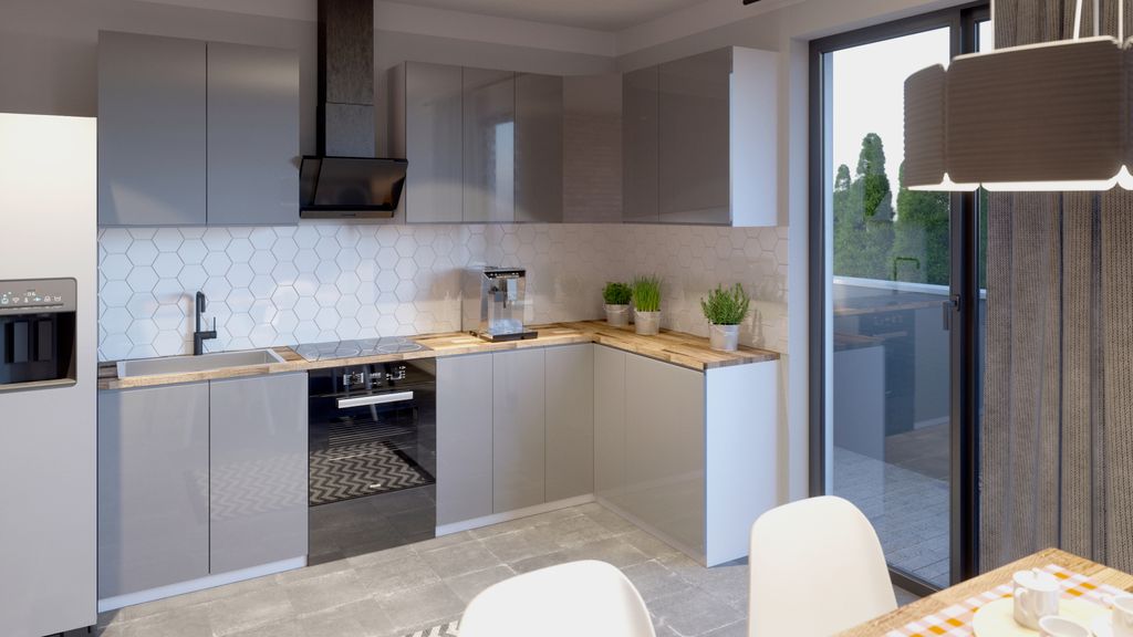 Winkelküche 290x230 cm Eckküche Küchenblock Einbauküche ohne Arbeitsplatte, Aspen Grau/Hochglanz