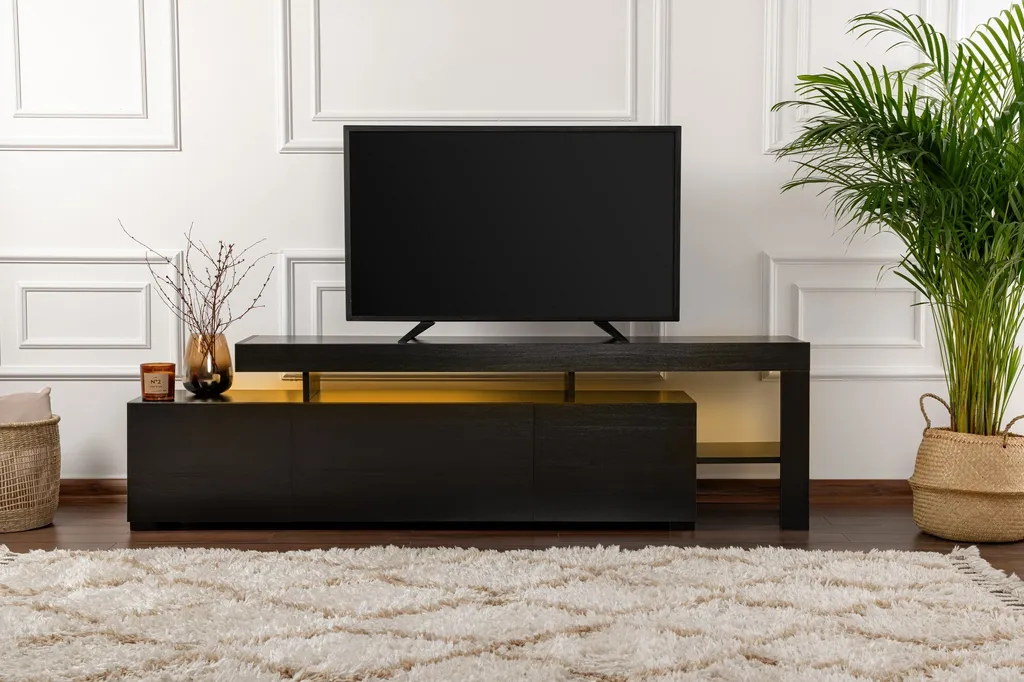 Grand meuble TV Beliz en bois noir mélaminé de 192 cm pour salon chic