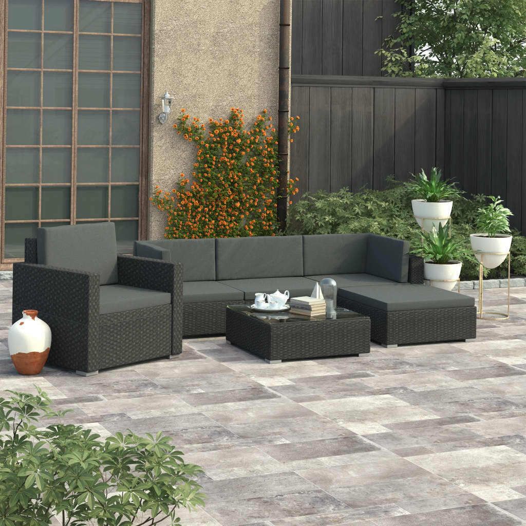 Möbel 6-tlg. Garten-Lounge-Set mit Auflagen Poly Rattan Schwarz - Balkonmöbel 46754