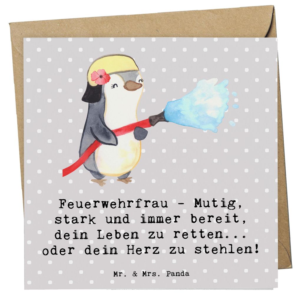 Mr. & Mrs. Panda Grußkarte Feuerwehrfrau Heldin - Grau Pastell - Geschenk, Beruf, täglicher Einsatz, doppelkarte, Glückwunschkarte, Herz stehlen...