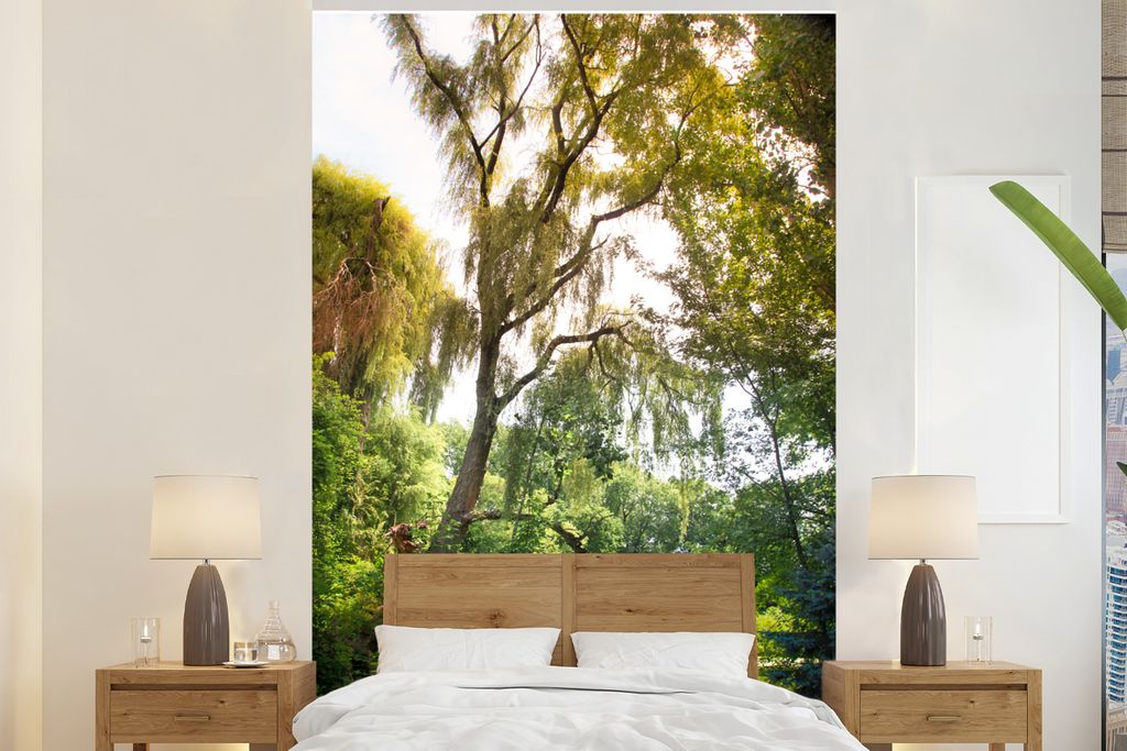 MuchoWow Fototapete für Wohnzimmer oder Schlafzimmer Wandtapete Vinyl Motivtapete Wald - Efeu - Trauerweide - 200x300 cm - Wanddekorationen