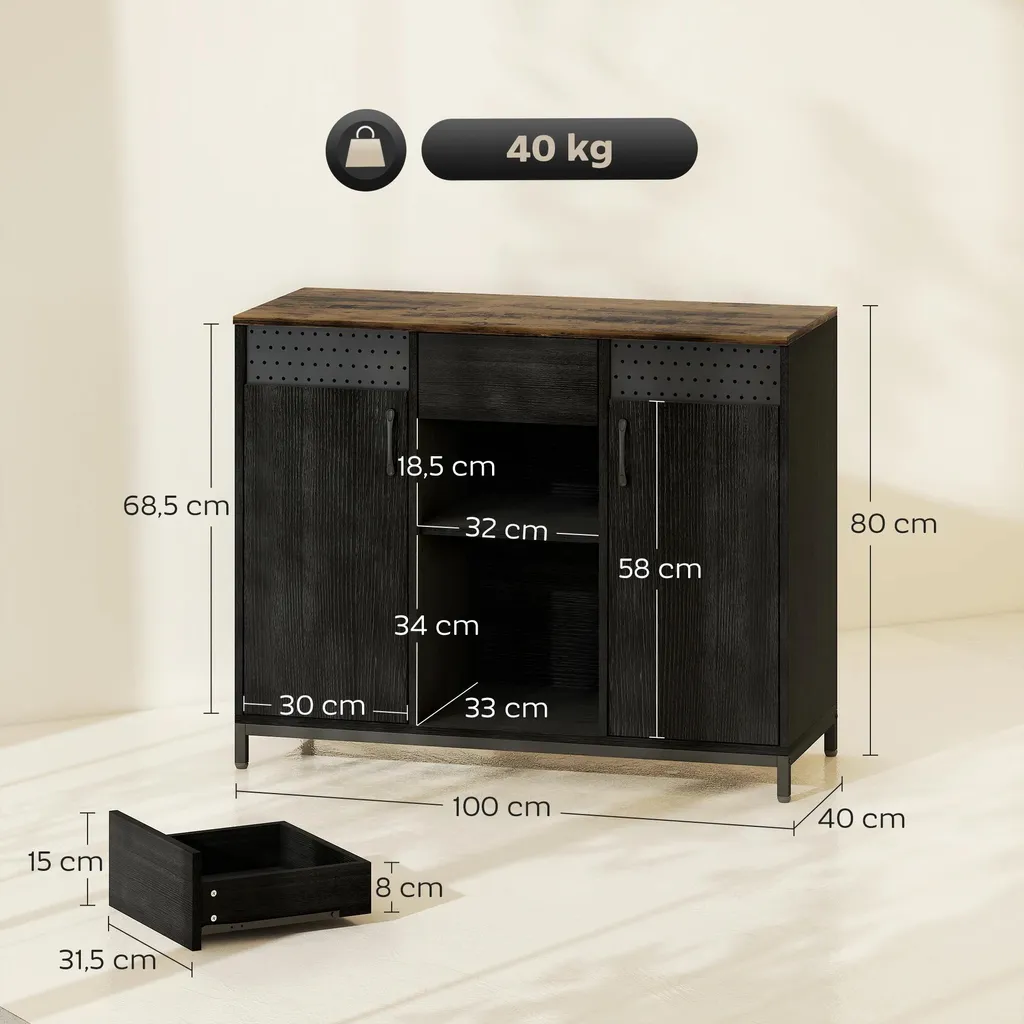 Buffet de Salon Noir pour Vaisselle et Dossiers avec Rangement Modulable
