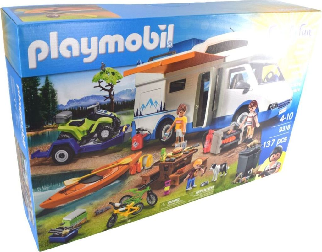 PLAYMOBIL 9318 Lustiges Camping-Set für die ganze Familie mit abnehmbaren Dach, Anhängerkupplung und herausziehbarer Markise