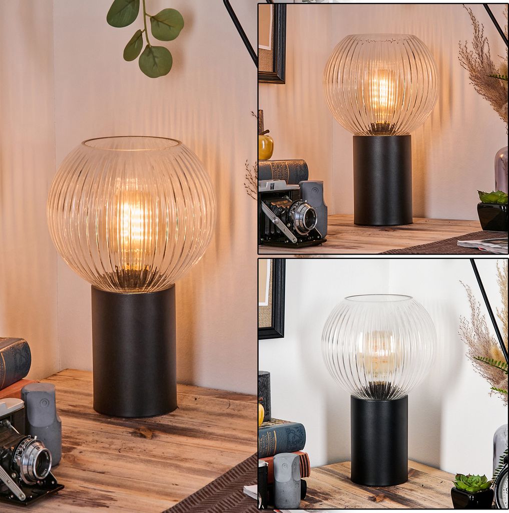Cesaro Tischlampe aus Metall/Riffelglas in Schwarz/Klar