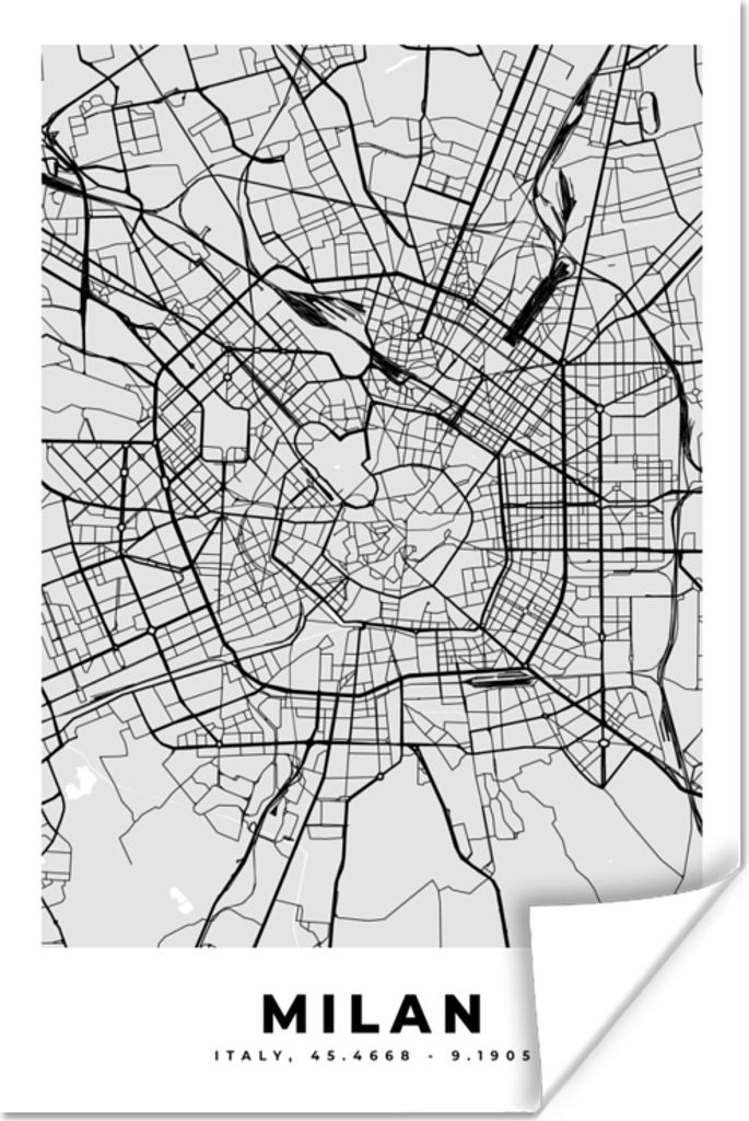 MuchoWow Poster Mailand - Stadtplan - Schwarz und weiß - Karte 20x30 cm - Papierdruck