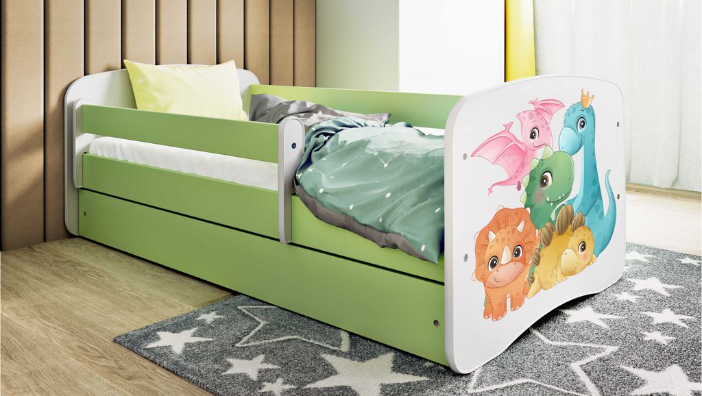 Kinderbett Jugendbett Dino 70x140, 80x160, 80x180 cm - Komplettset mit Matratze, Schublade & Rausfallschutz