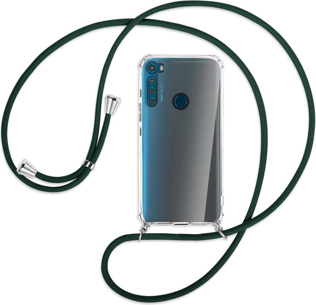 Handykette Backcover-Schutzhülle mit Band (Metall silberfarben) für Motorola One Fusion Plus - dunkelgrün
