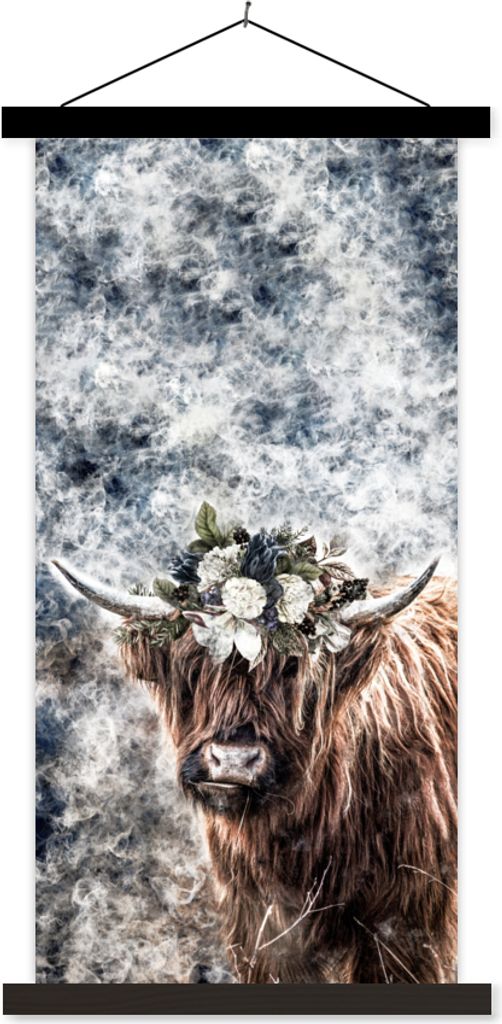 MuchoWow Textilposter Schottisches Hochlandrind - Rauch - Blumen 90x180 cm mit schwarzem Rahmen - Dekoration Wohnzimmer