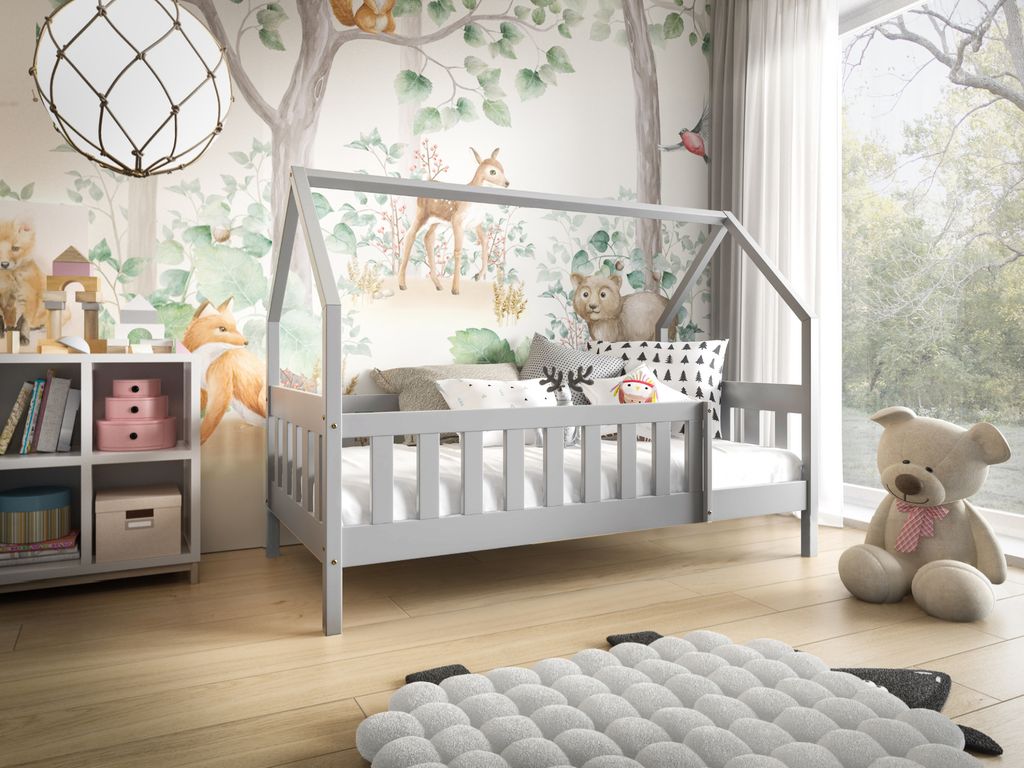 MTJMöbel Kinderbett LUNA 190x80cm mit Matratze, Hausbett mit Sicherheitsgeländer, Grau Holz