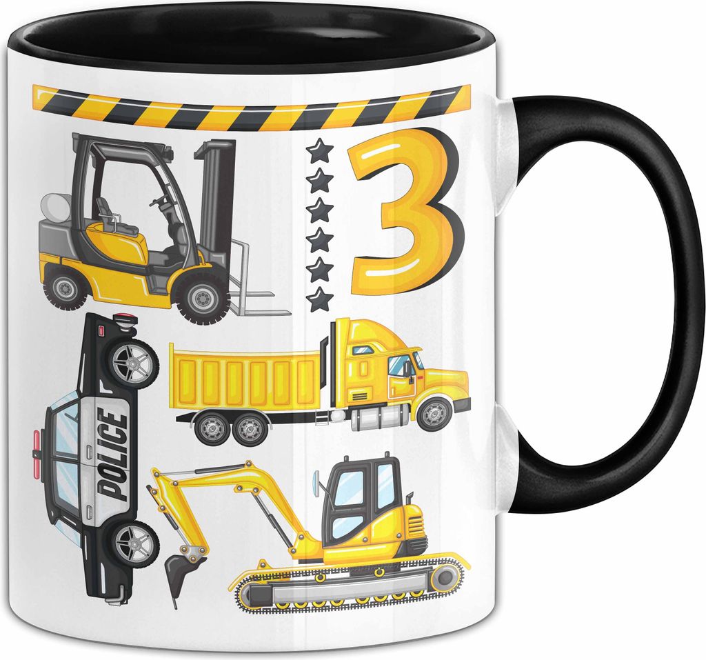 3. Geburtstag Geschenk Tasse Becher Jungen Jungs Baustelle Polizei Geburtstagsgeschenk 3 (Schwarz)