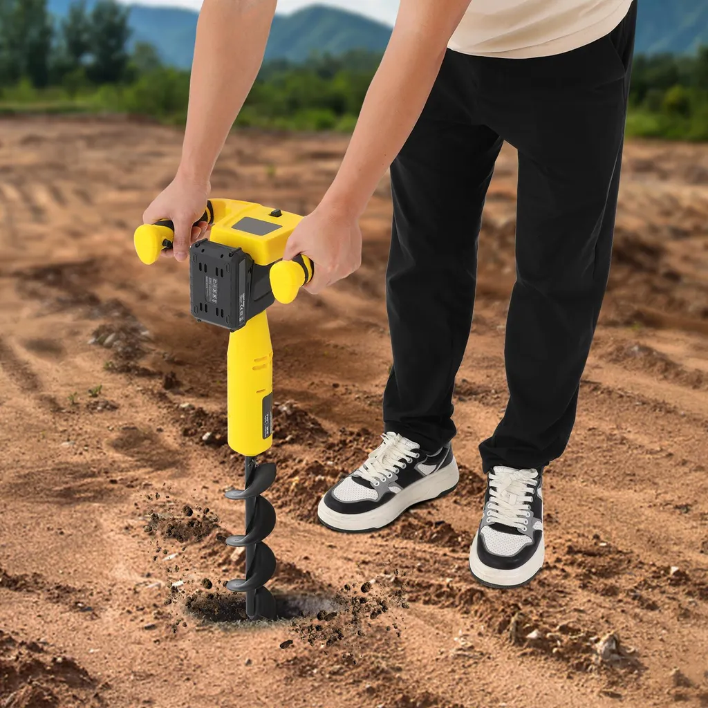 Tarière de jardin motorisée sans fil, mèche de 30 cm jaune et noir