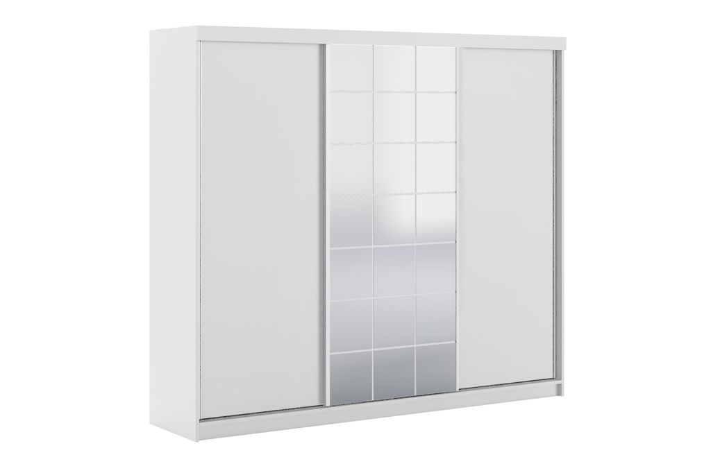 Schiebetürenschrank 250 cm breit mit Spiegel aus mehreren Spiegelelementen und 3 Schubladen – Weiß