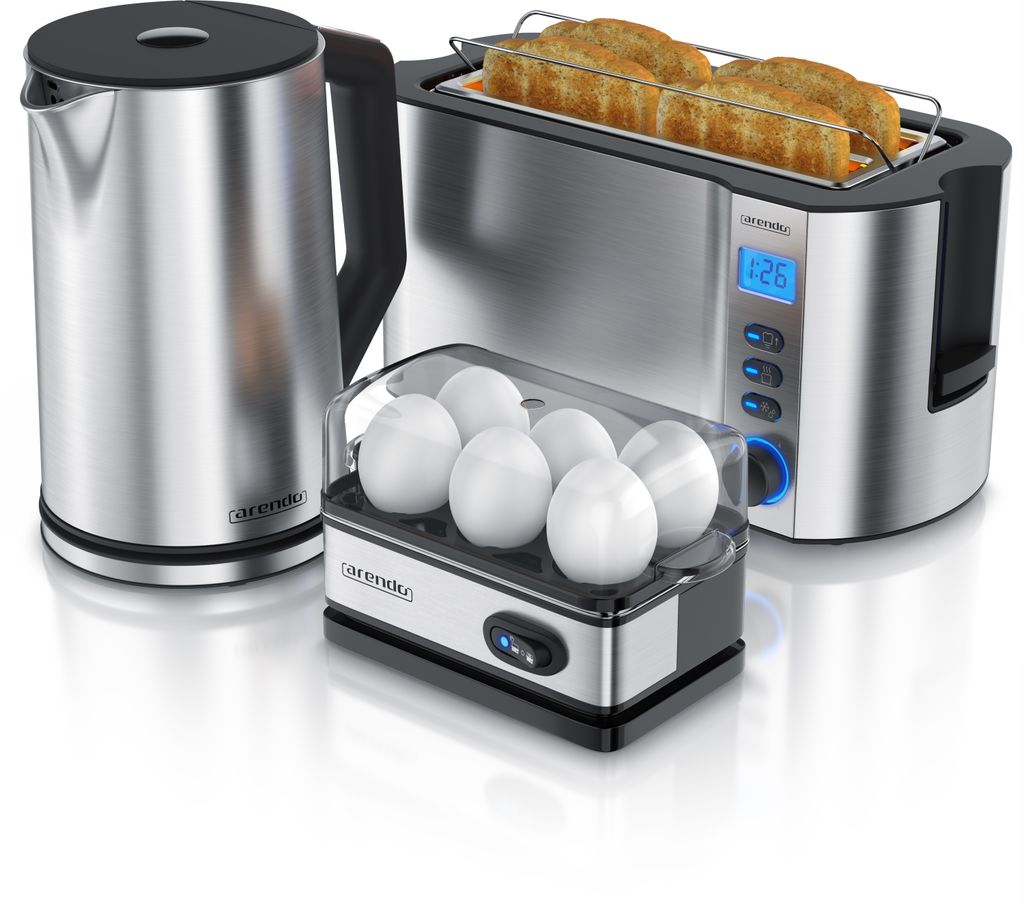 Arendo Frühstücksset 3-teilig, Wasserkocher 1,5 Liter, 4-Scheiben Langschlitz Toaster MANHA, 6er Eierkocher, Silber