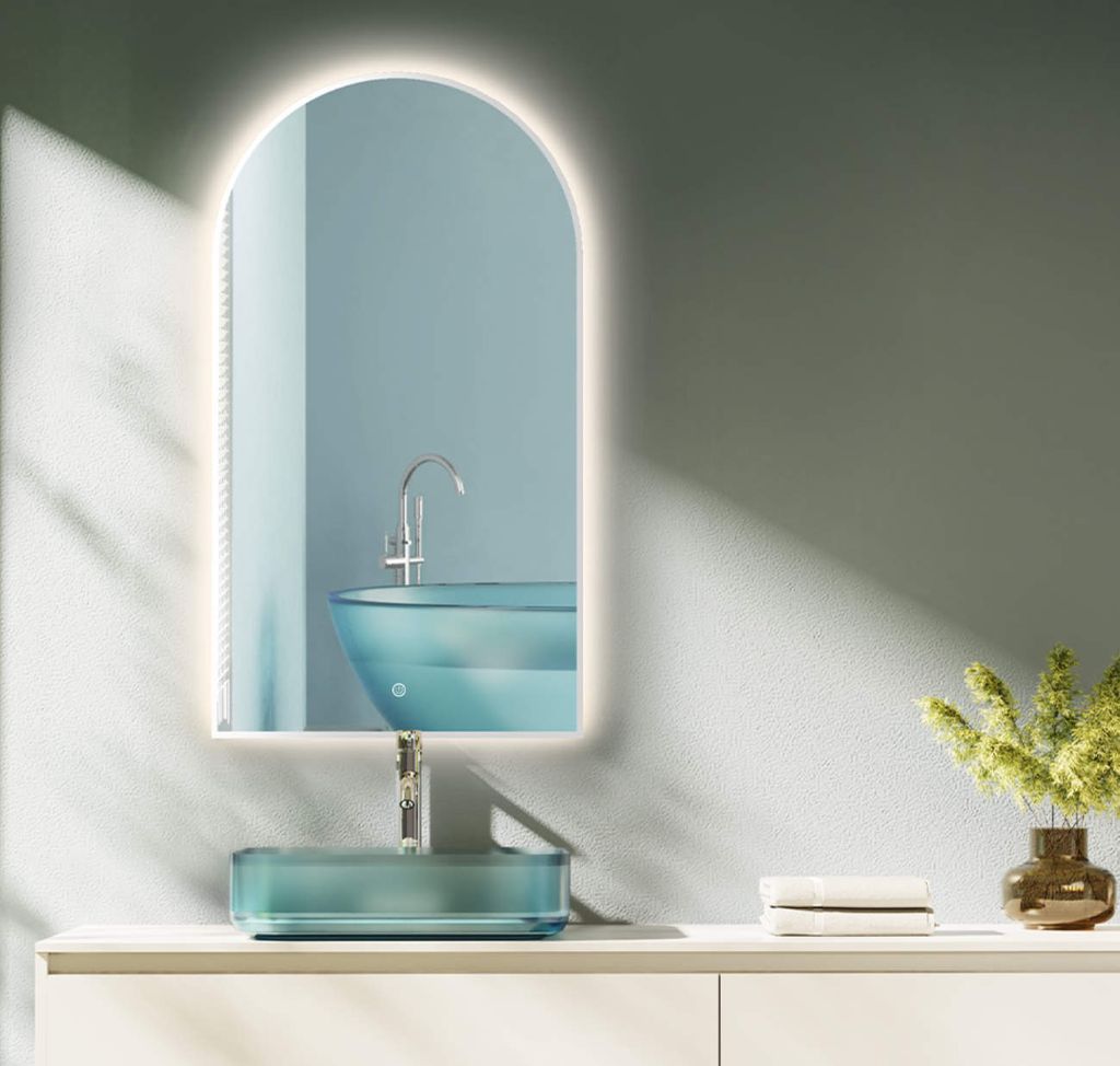 HOKO Badspiegel Bogen mit LED 50x90 cm/90x50 cm mit Weißer Metallrahmen, HOCH+QUER Montage. Arch+Touch Schalter+Licht Wechsel 2700-6500K