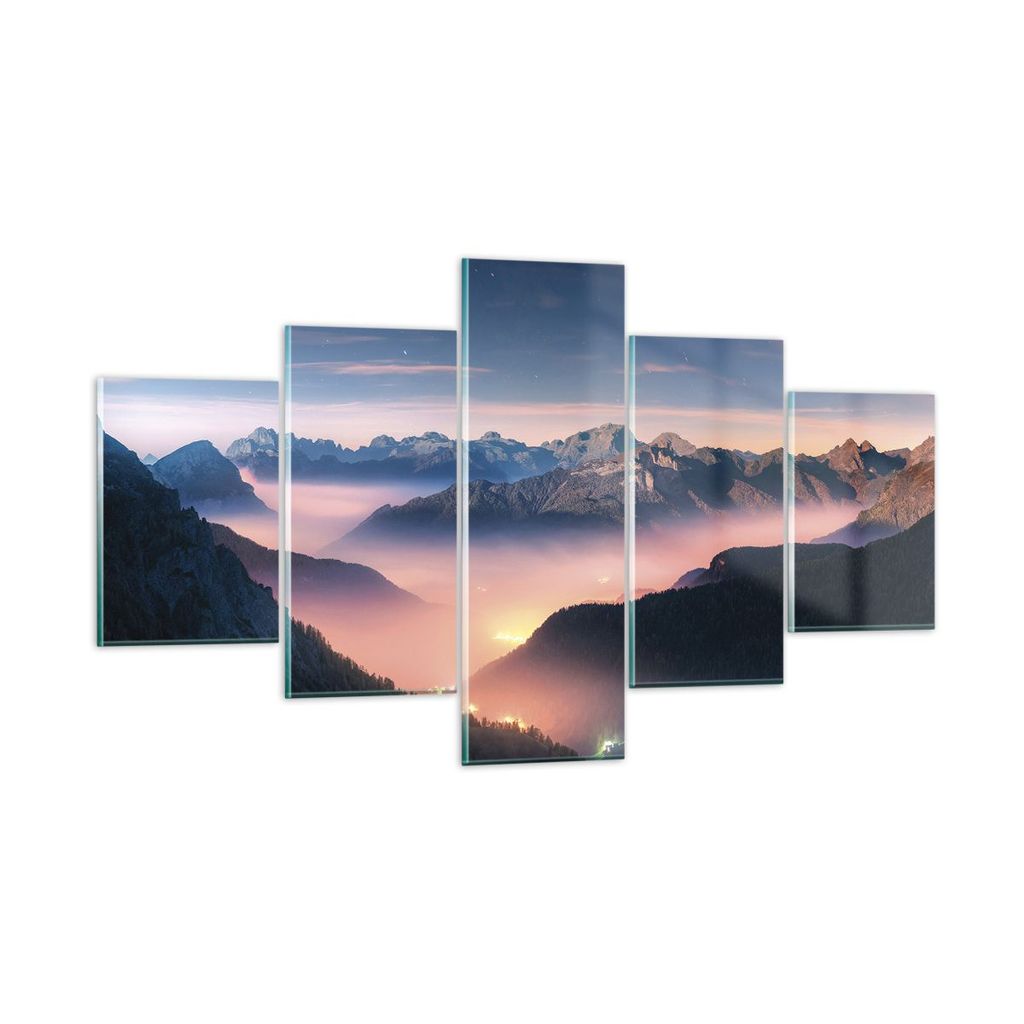 Bilder auf glas - 5 Teile - Berge Wolken Nebel - 125x70cm - Glasbilder - Wandbilder - Bilder - zum Aufhängen bereit - Wanddekoration aus Glas - Gl...