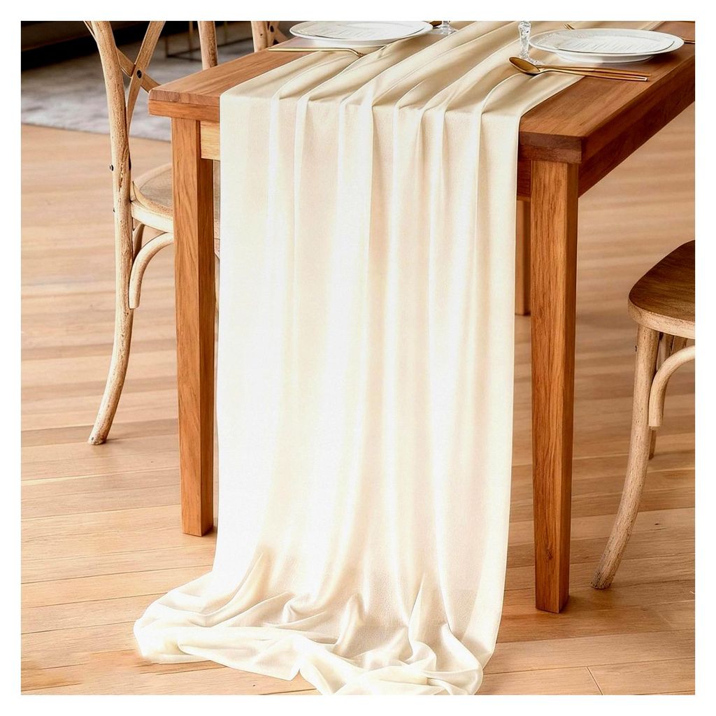 Chiffon Tischläufer 70 x 300 cm in Natural Beige, waschbarer Tischbandstoff aus Tüll für Tischdekoration, Chiffon Tischläufer für Hochzeiten, ...