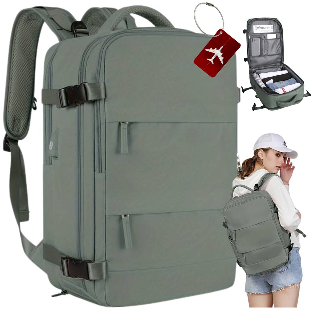 Collage of a grey travel backpack shown from different angles, with a woman wearing a similar backpack and a view of the inside of an open backpack.