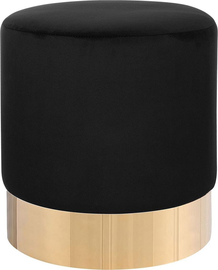 A black velvet ottoman with a gold metal base.