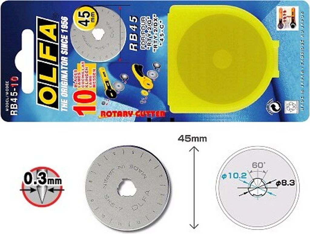 The image shows the packaging of OLFA rotary cutter blades, along with detailed diagrams of the blades themselves.