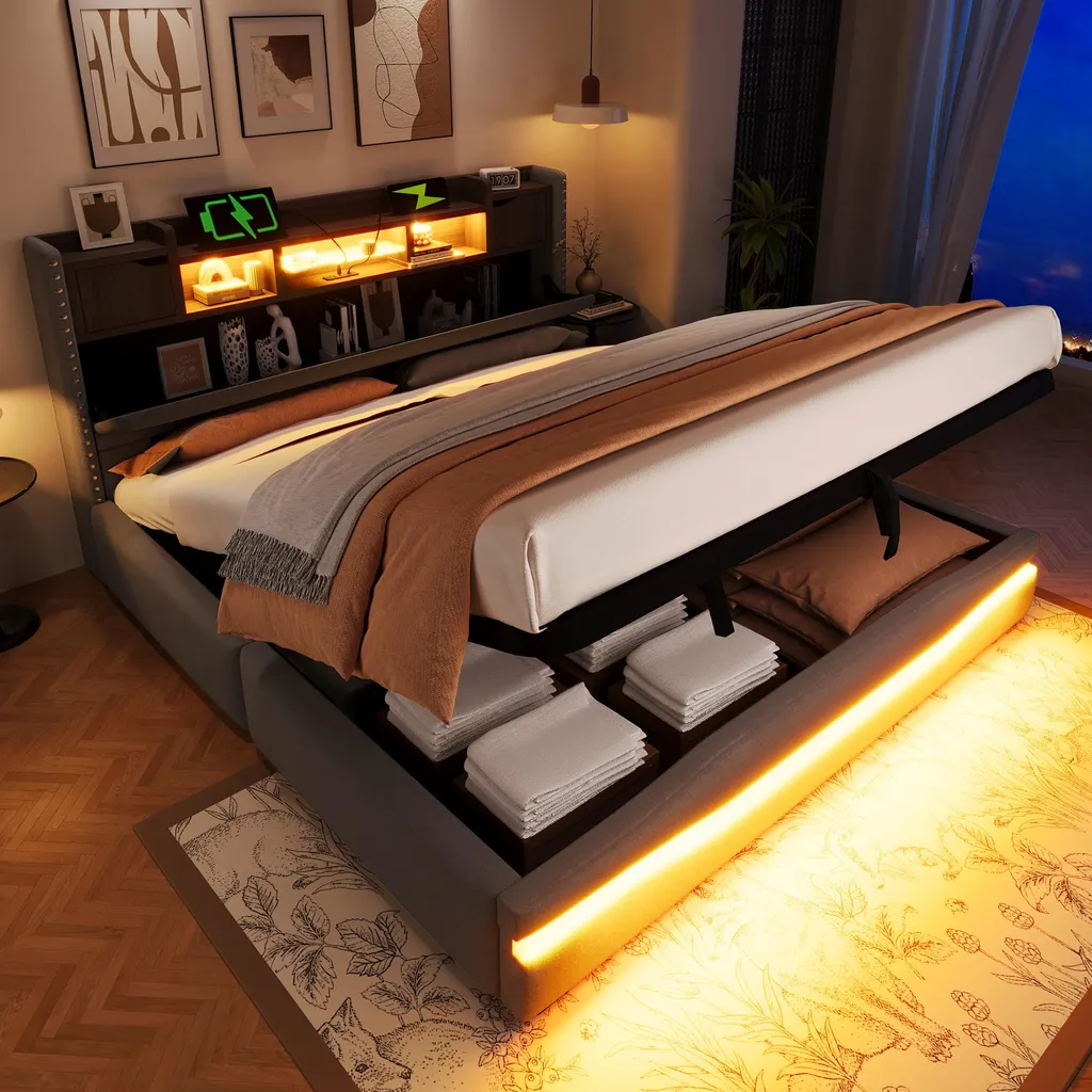 Lit LED 180x200 avec tablette de rangement et ports USB Type-C intégrés