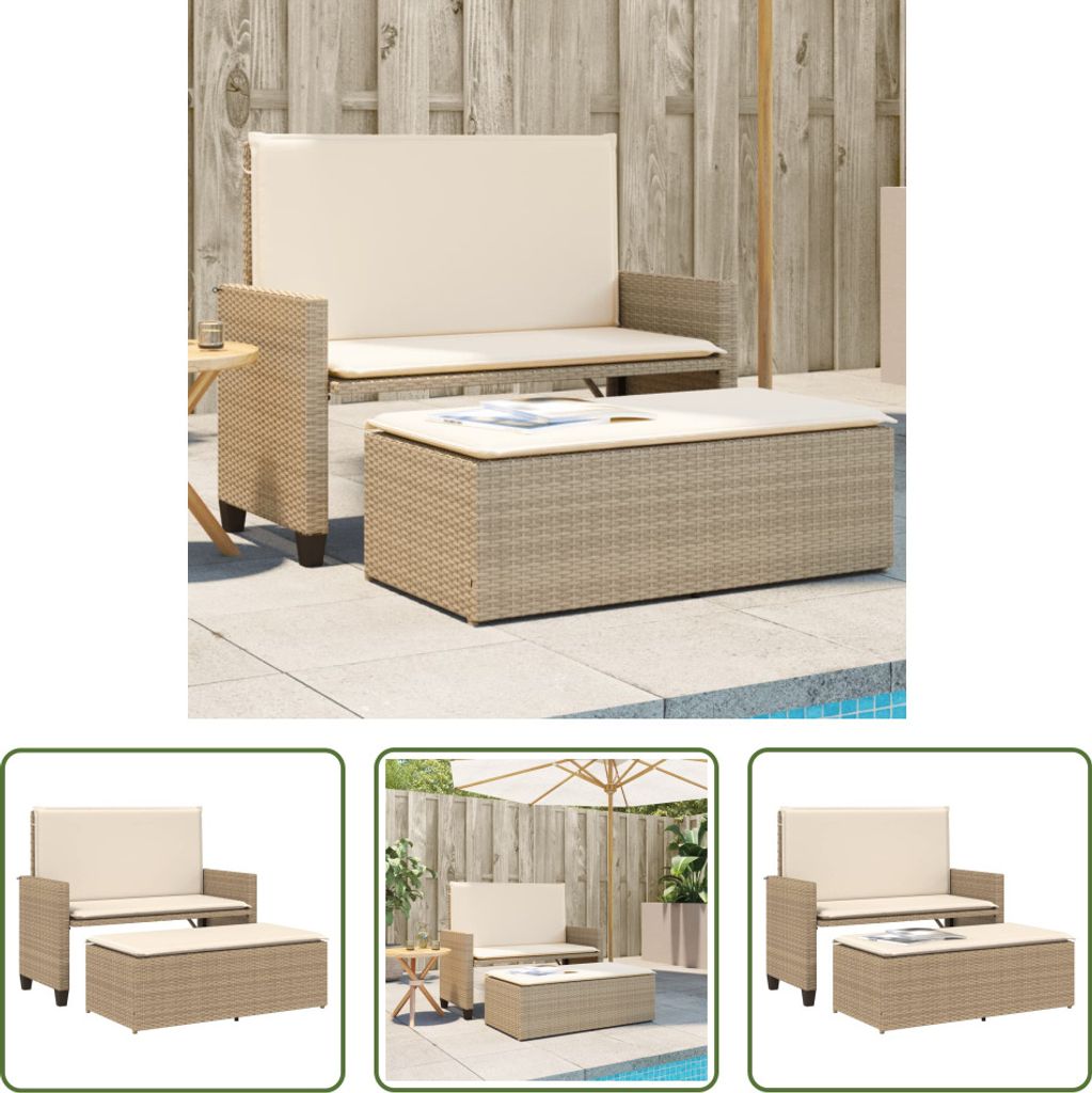 The Living Store Gartenbank mit Kissen und Hocker Beige Poly Rattan