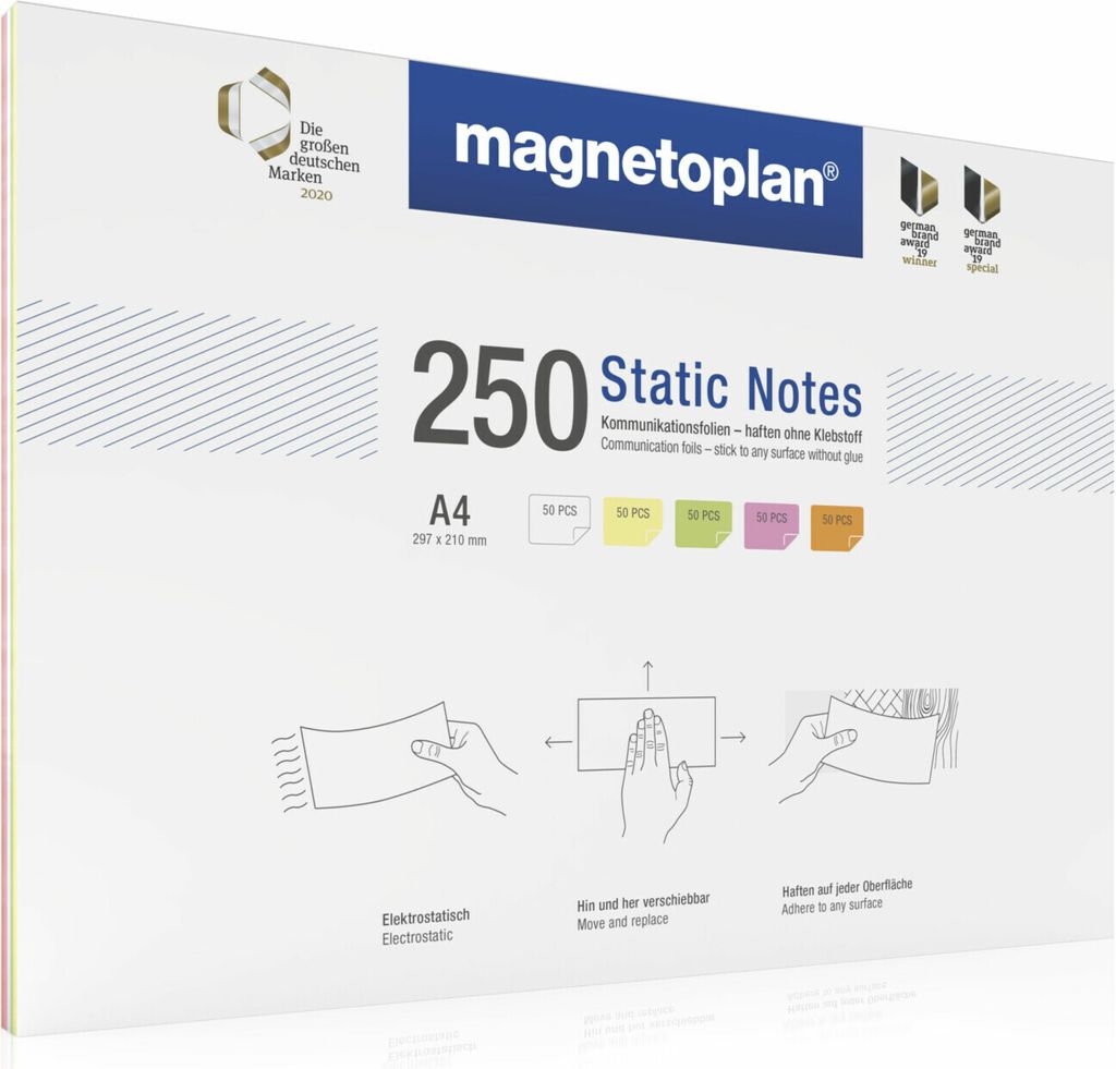 Magnetoplan Static Notes - DIN A4 - 5 Farben (Weiß/Gelb/Grün/Rosa/Orange) - 250Stk