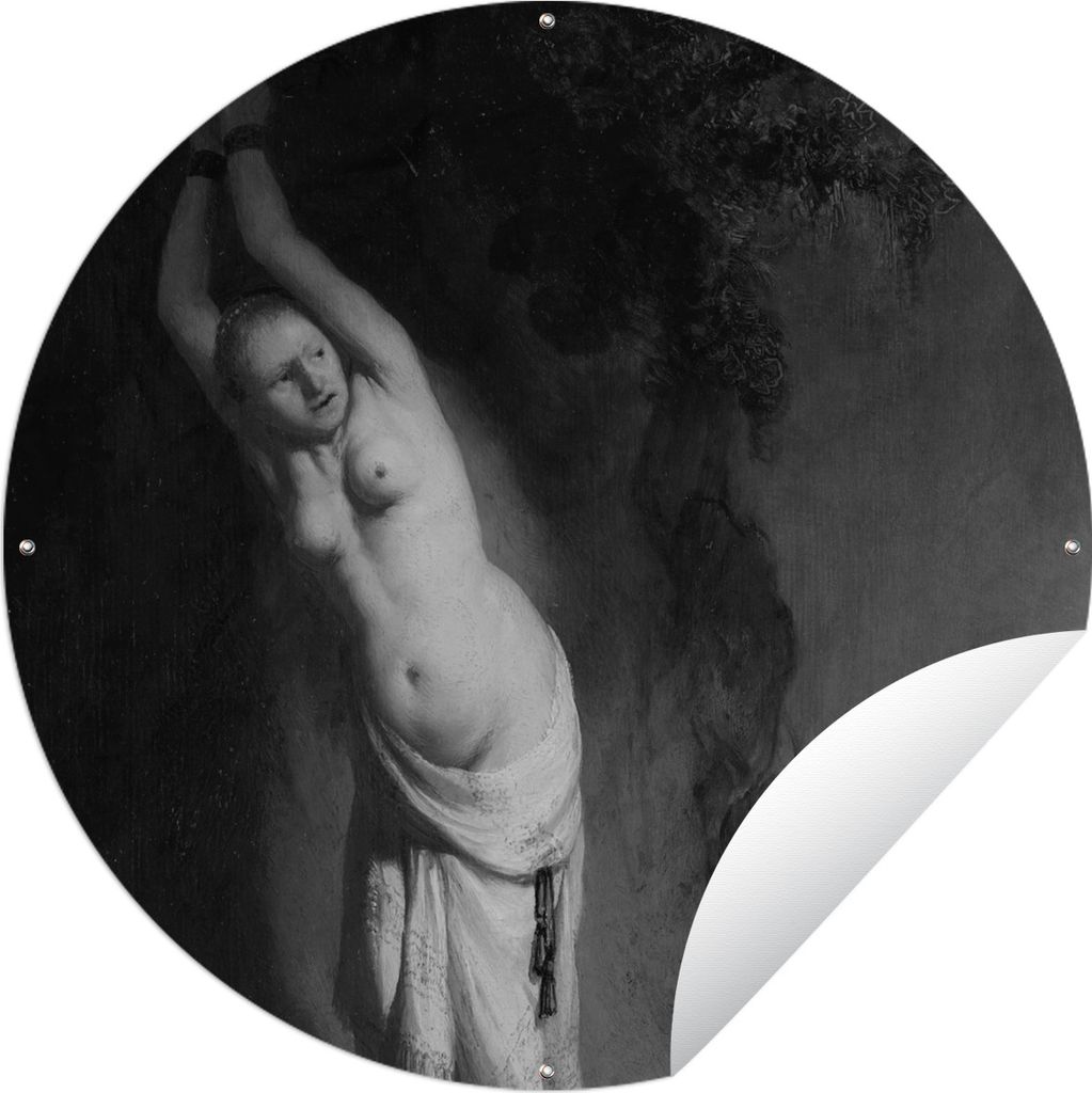 MuchoWow Gartenposter Outdoor-Poster Rund Andromeda an den Felsen gekettet - Gemälde von Rembrandt van Rijn - Schwarz-Weiß Ø 120 cm Gartendeko...