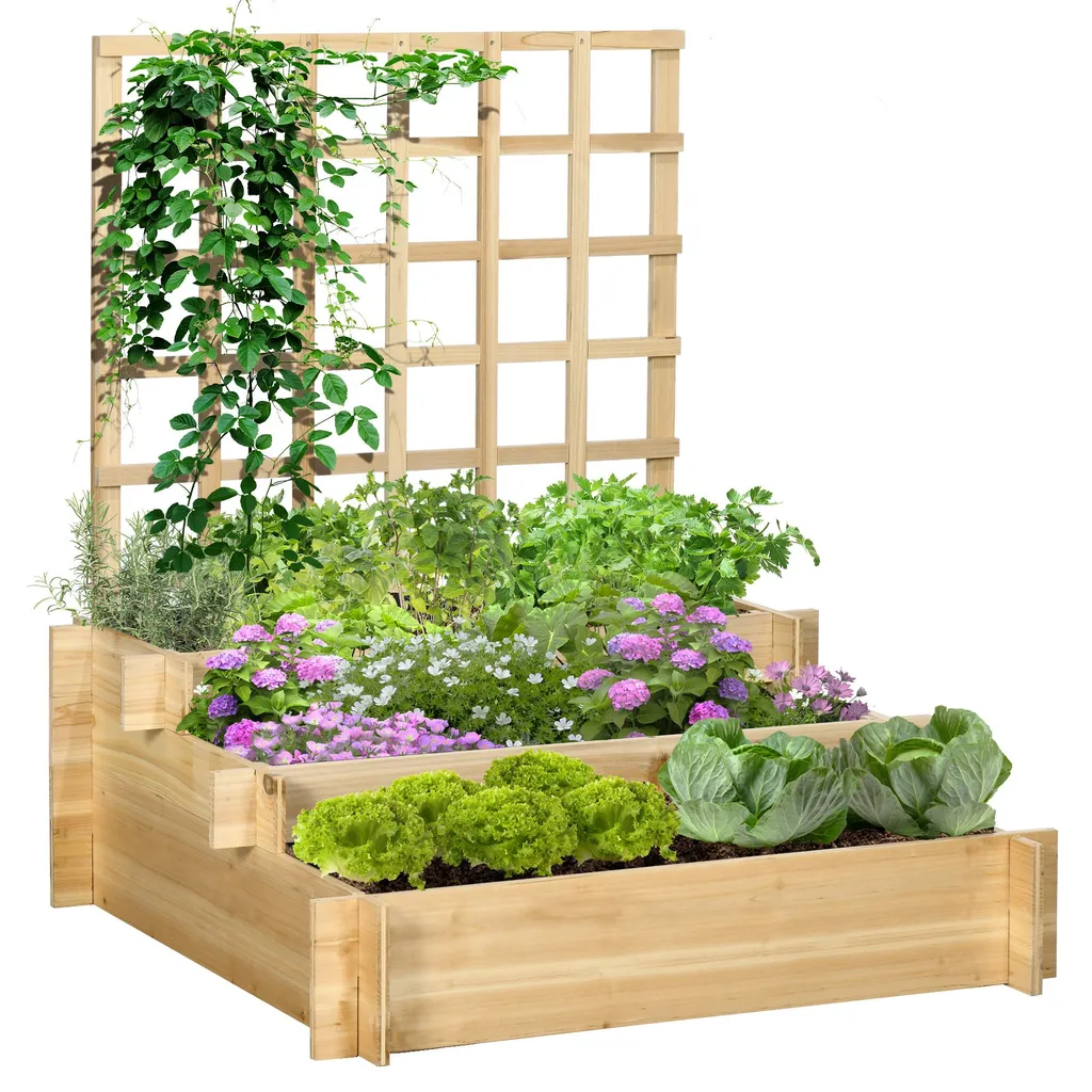 Lit surélevé en bois 3 niveaux et treillis intégré pour fleurs et bio