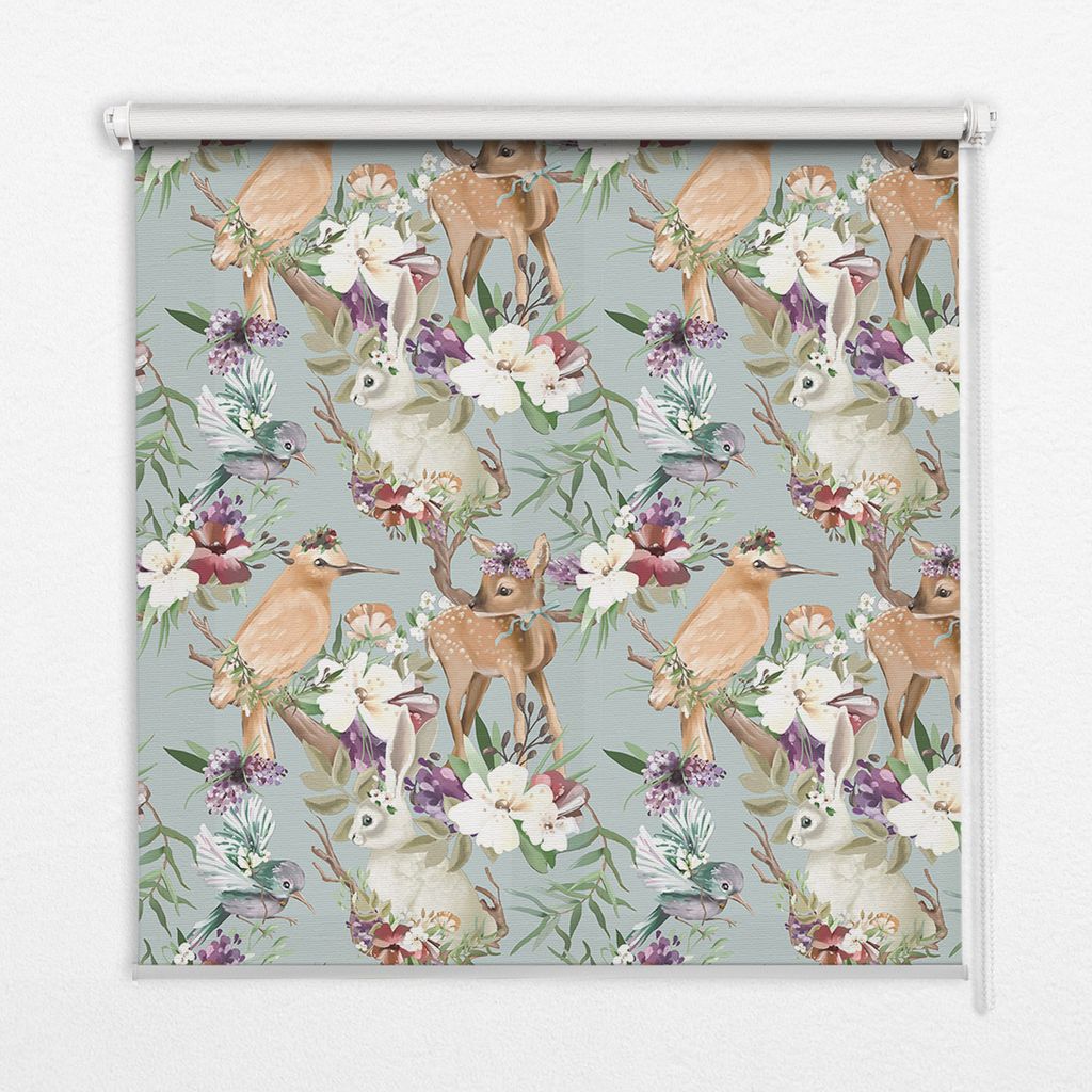 Seitenzug-Rollo Fensterrollo Jalousie - Thermo-Rollo Verdunkelungsrollo - 80x140 cm - Vögel Hirsche und Kaninchen