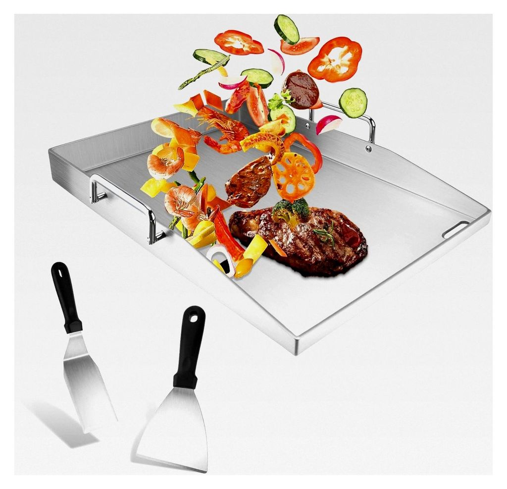 Edelstahl Plancha 40 x 30 cm - Grillplatte Set mit 2 Grillspachteln, 2 abnehmbaren Klappgriffen und Fettablaufloch, 4 mm dicke Universal Grillplatt...