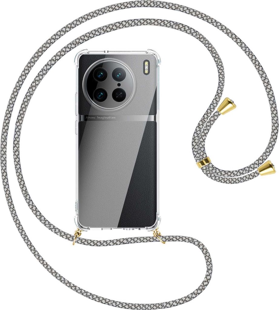 Handykette Backcover-Schutzhülle mit Band (Metall goldfarben) für vivo X90 Pro (V2242A, 6.78'') - weiß/grau kariert