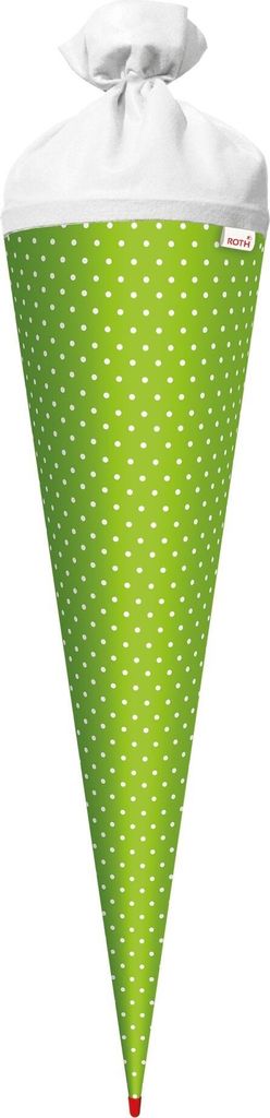 Bastel-Schultüte groß grün - weiße Punkte 70 cm rund Rot(h)-Spitze und Filzverschluss weiss