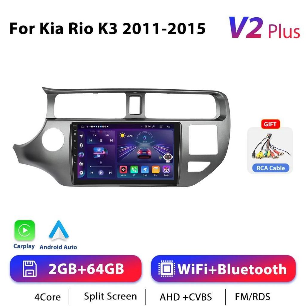 Android Autoradio für Kia Rio K3 2011–2015 - 2-DIN - 23 cm Touchscreen - Android 13 - CarPlay - GPS - DSP & RDS - 2 GB + 64 GB