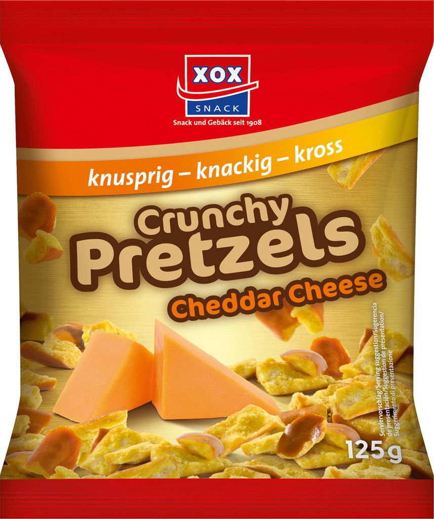 Verpackungsbild XOX Crunchy Pretzels Cheddar Cheese Brezelstücke 125g 9er Pack