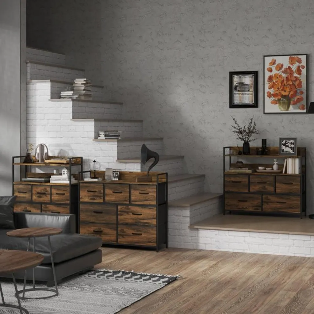 Commode marron avec 7 tiroirs en tissu et structure MDF robuste