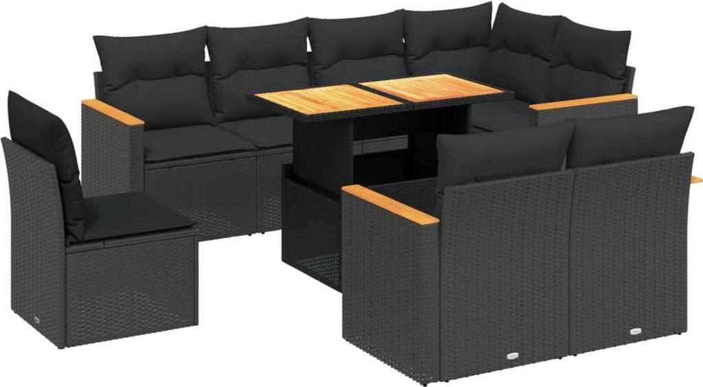 vidaXL 9-tlg. Garten-Sofagarnitur mit Kissen Schwarz Poly Rattan
