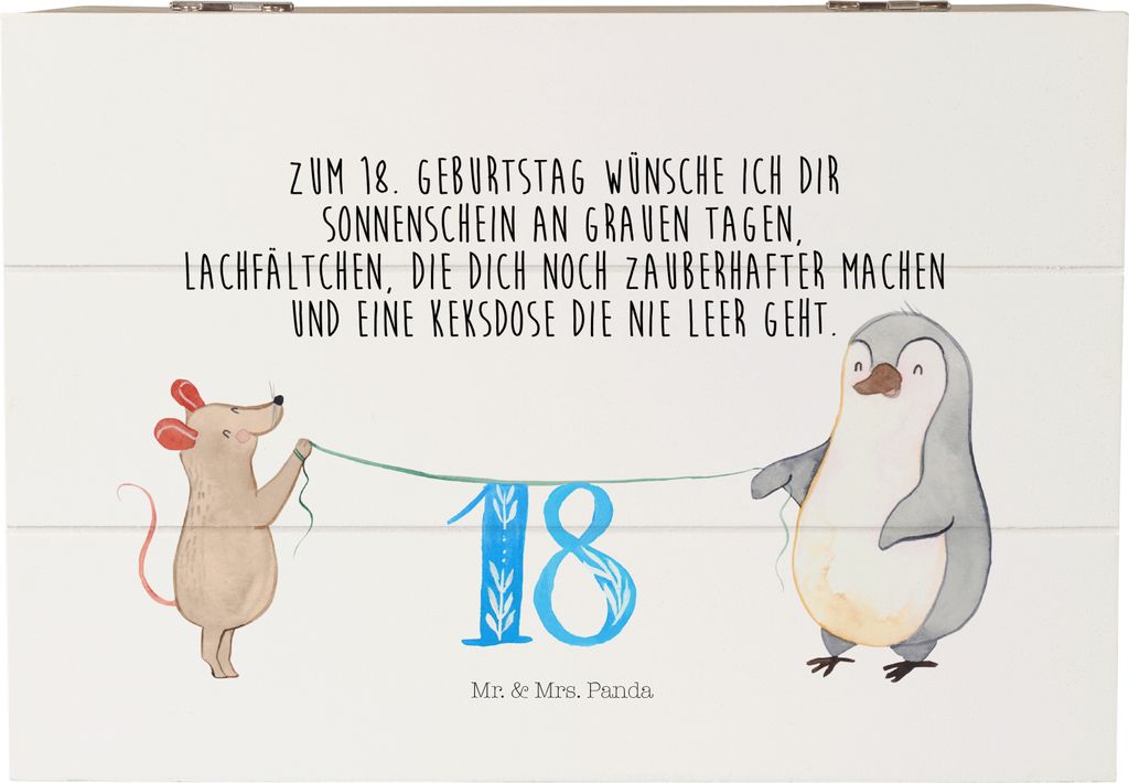 Mr. & Mrs. Panda Holzbox 18. Geburtstag Maus Pinguin 22 x 15 cm - Weiß - Geschenk, Box, schatztruhe, Volljährig, Erinnerungskiste, Geschenkbox, T...