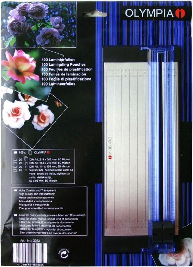 OLYMPIA Laminierfolien-Set mit DIN A5 Schneidelineal, 100 gemischte Folien, 80 Mikron