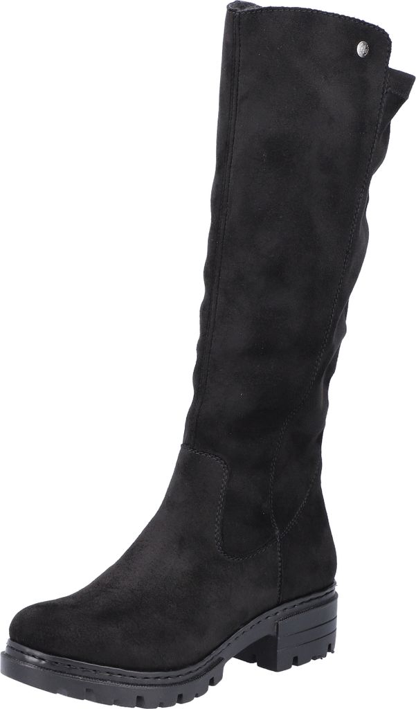 A studio shot of a single black boot.