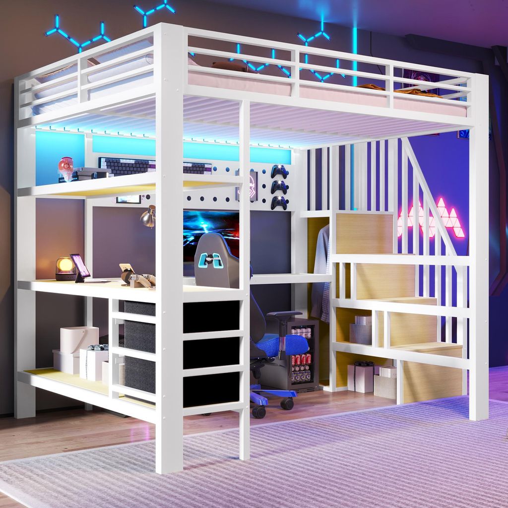 STILVORA Hochbett 140x200 cm mit Matratze Metall Hochbett mit LED-Licht und Steckdose, Etagenbett mit Tisch und Schublade, Kinderbett mit Ablagefl...