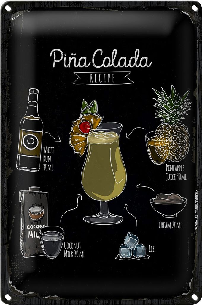 Blechschild Rezept Pina Colada Coktail Recipe 20x30cm