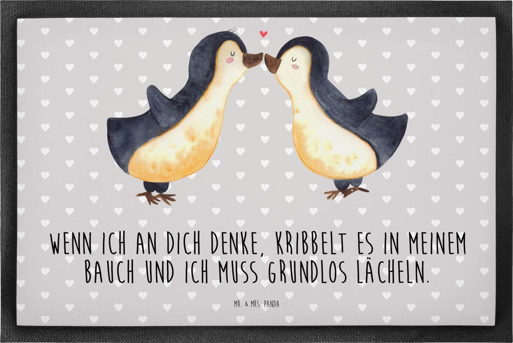 Mr. & Mrs. Panda Schmutzfangmatte Pinguine Kuss 50 x 75 cm - Grau Pastell - Geschenk, für Partner, Hochzeitstag, fußmatte, Bodenvorleger, Freundi...