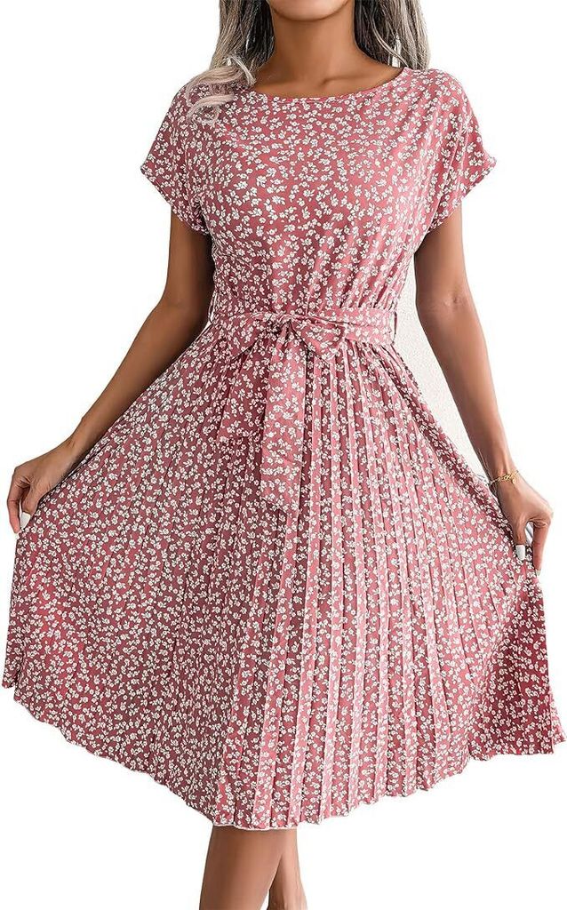 Damen Midi-Kleid mit Blumenmuster - Kurzärmliges, plissiertes Kleid mit Rundhalsausschnitt und Gürtel. Perfekt für den Sommer
