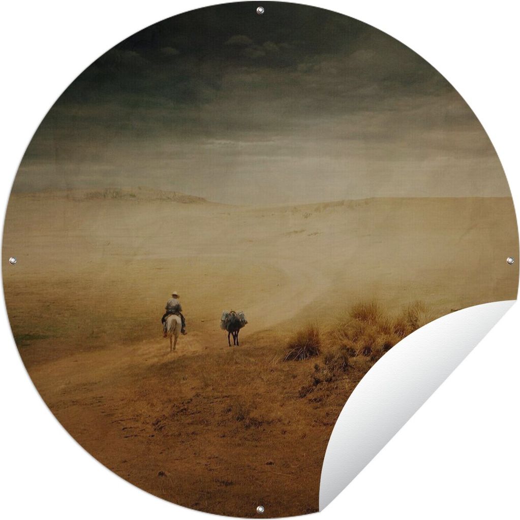 MuchoWow Gartenposter Outdoor-Poster Rund Mann zu Pferd neben einem beladenen Esel Ø 90 cm Gartendeko Rundes Poster draußen